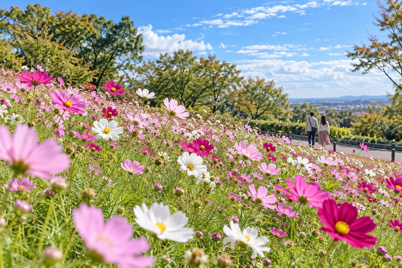 秋のコスモス畑の生成イメージ。万博記念公園の実景ではありません