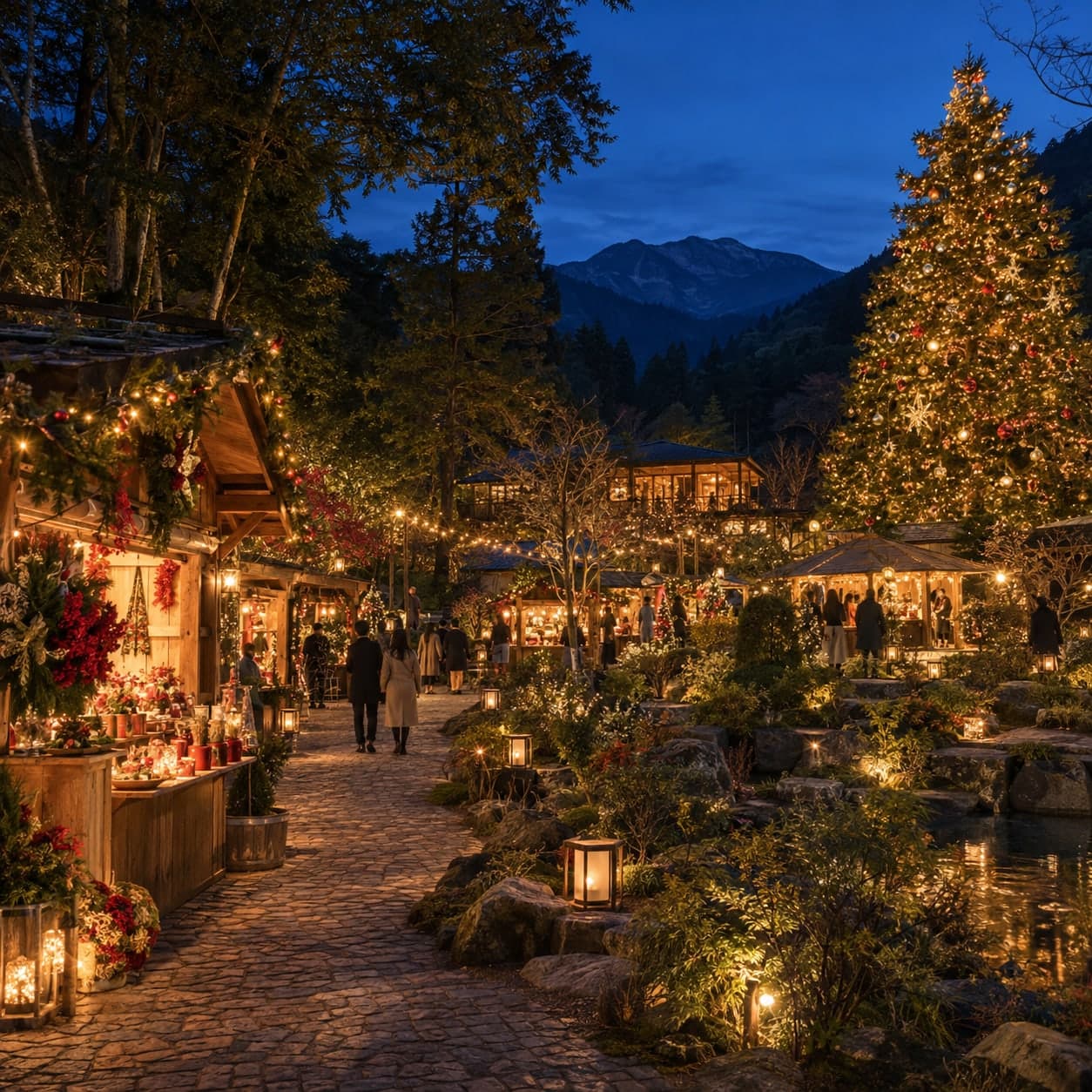 ツリーと灯りに包まれたクリスマスマーケットの生成イメージ。神戸布引ハーブ園の実景・装飾を再現したものではありません