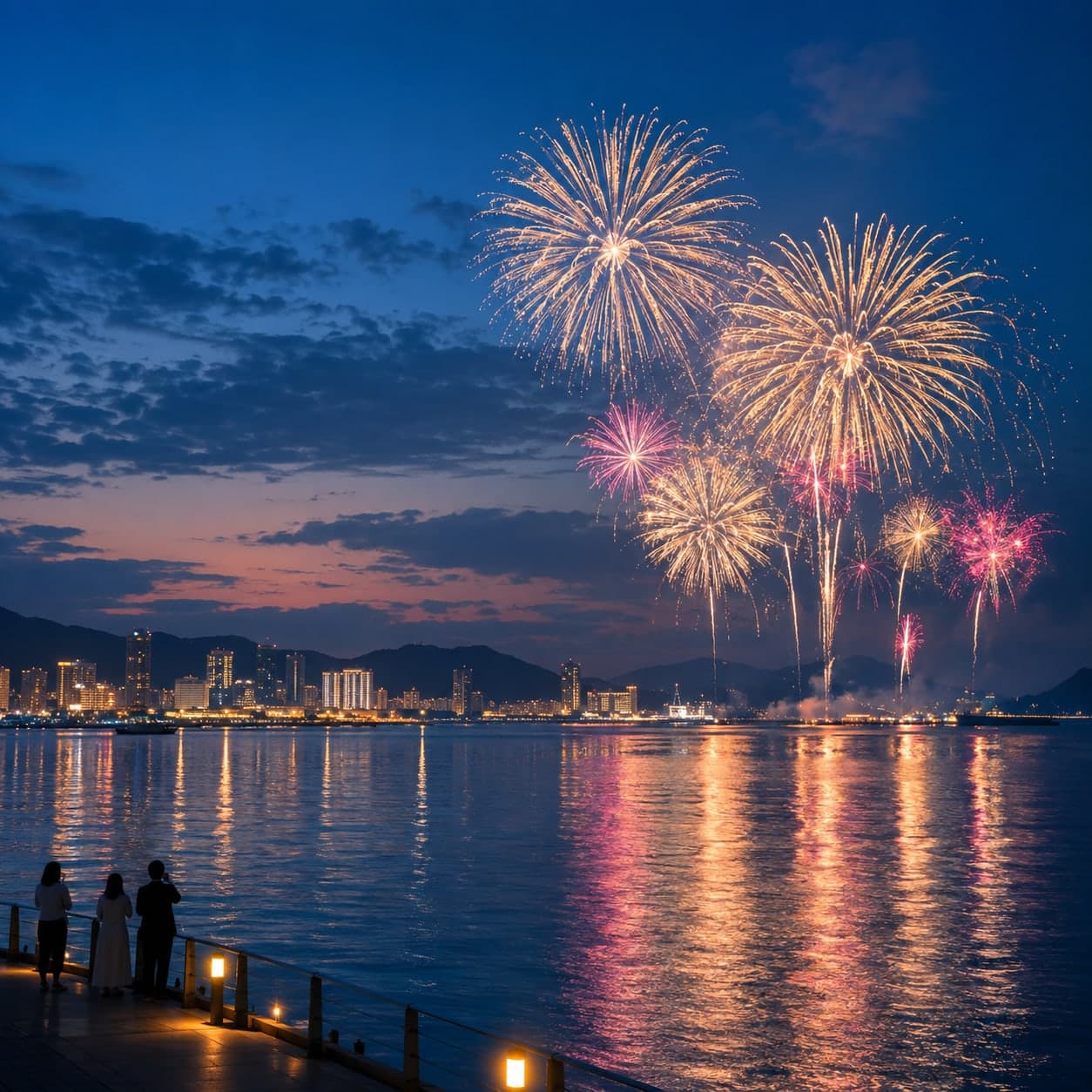 港の夜空に広がる花火の生成イメージ。みなとHANABIの実景や当日の演出を再現したものではありません