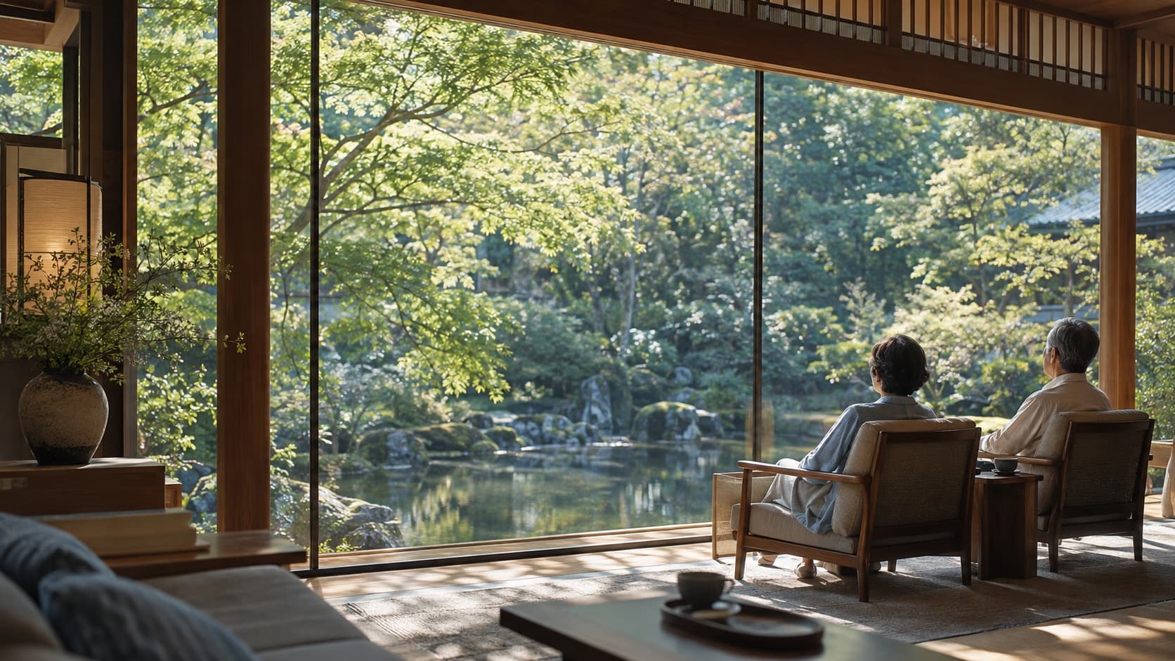 日本の旅館で、庭を眺めるふたりの時間のイメージ