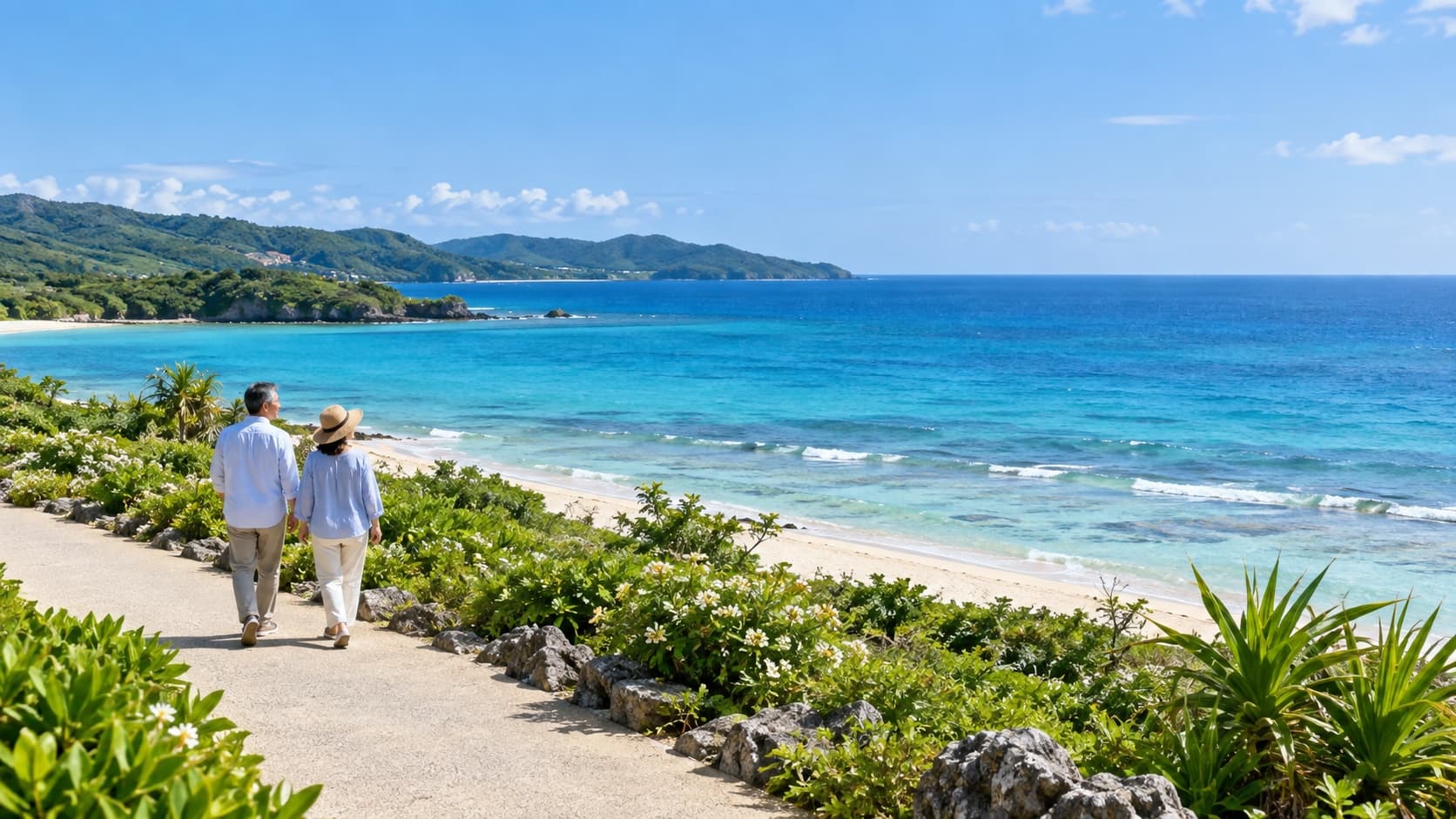 日本の青い海を眺めながら過ごす、ふたりの旅のイメージ