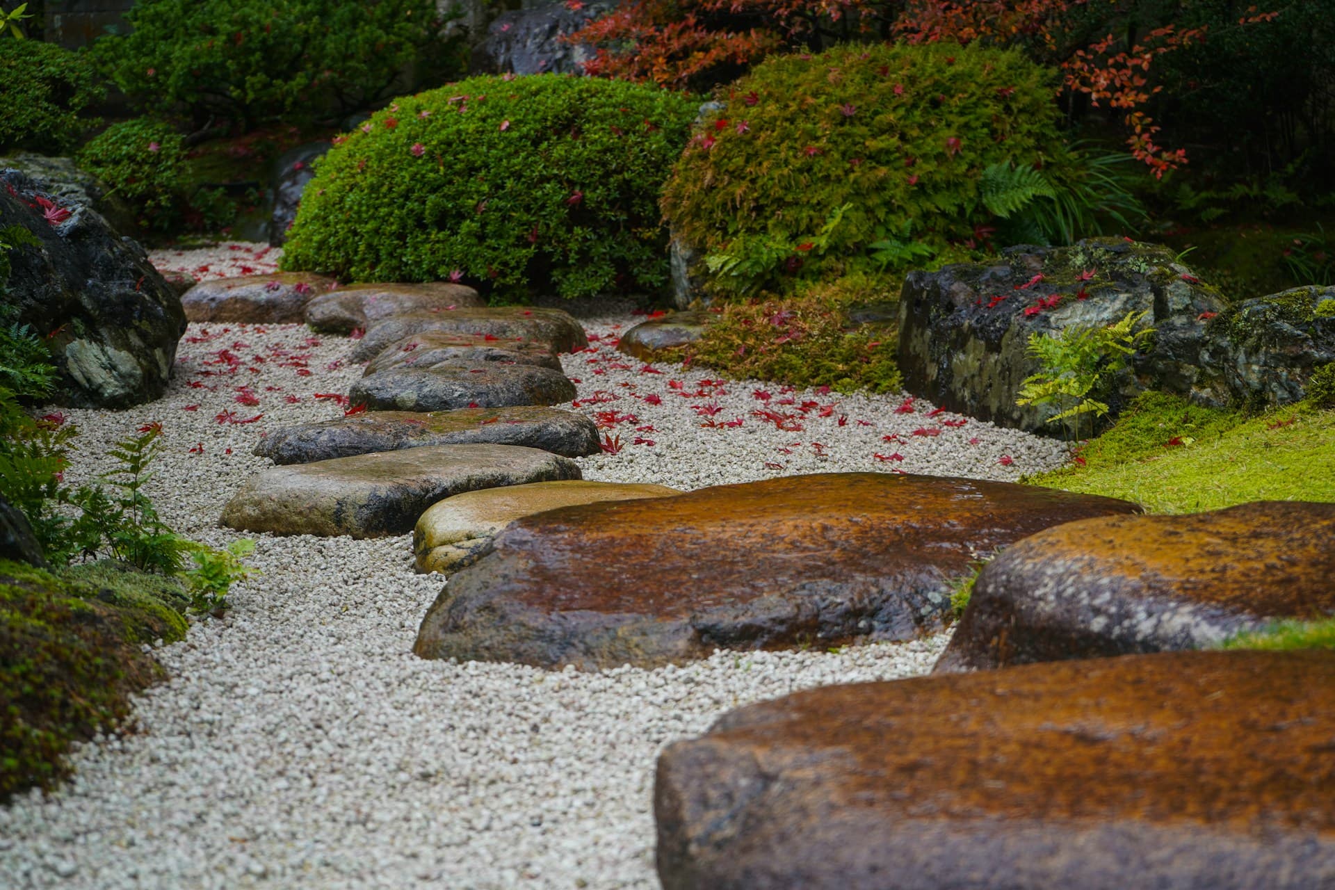 緑に包まれた日本庭園の小径の実写写真